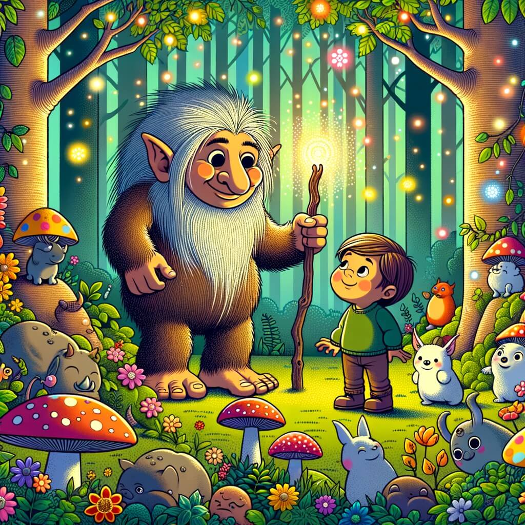Une illustration destinée aux enfants représentant un troll rigolo se liant d'amitié avec un petit garçon curieux dans une forêt enchantée remplie de fleurs colorées, de champignons brillants et d'animaux espiègles.