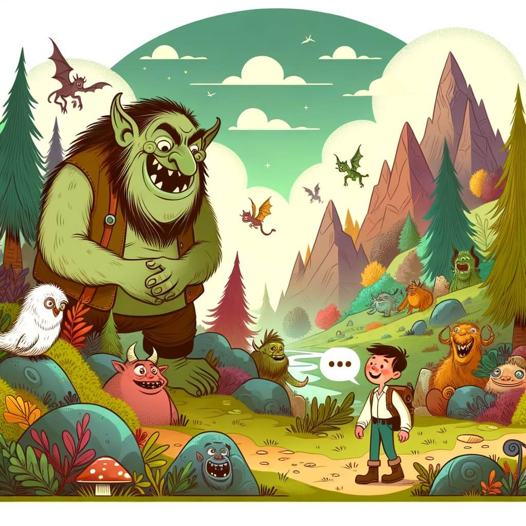 Une illustration pour enfants représentant un ogre rigolo qui habite dans un lieu fantastique rempli de créatures magiques, où il rencontre un petit garçon curieux lors de ses aventures.