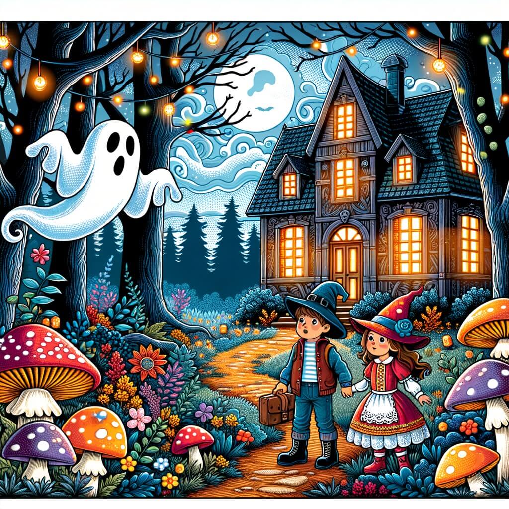 Une illustration pour enfants représentant un fantôme farceur amusant qui hante une vieille maison abandonnée dans un univers fantastique rempli de créatures rigolotes.