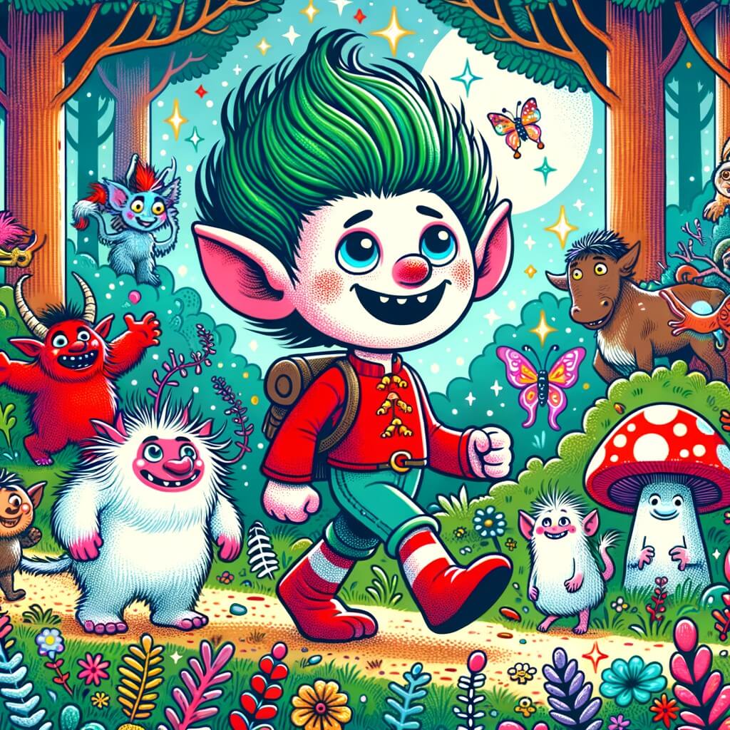 Une illustration pour enfants représentant un petit troll rigolo qui découvre un monde fantastique peuplé de créatures étranges dans une forêt enchantée.