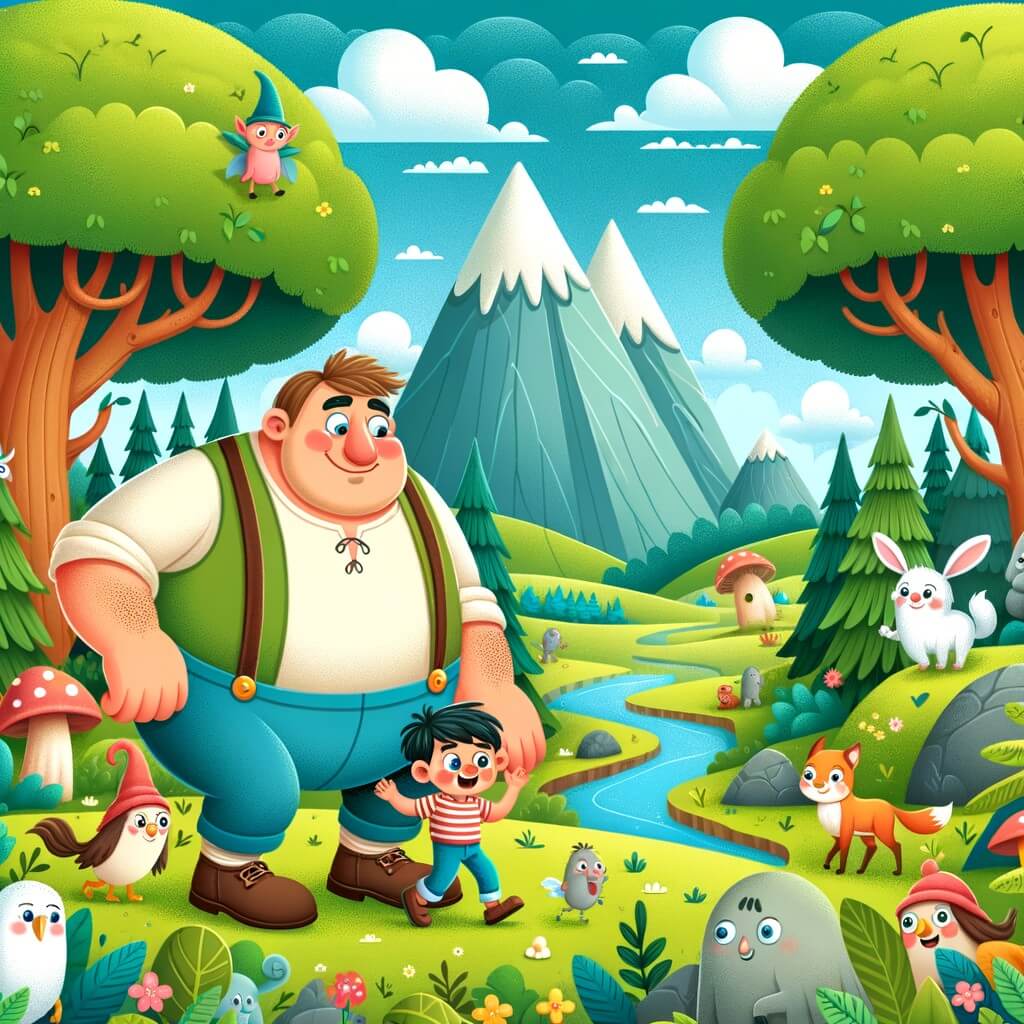 Une illustration pour enfants représentant un géant rigolo qui emmène un petit garçon à la découverte du pays des géants, un univers fantastique peuplé de créatures gigantesques, verdoyant et éloigné.