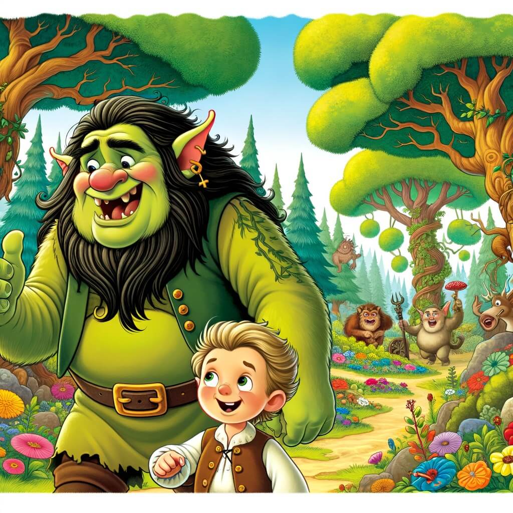 Une illustration destinée aux enfants représentant un ogre espiègle et jovial, accompagné d'un petit garçon curieux, explorant une forêt enchantée remplie d'arbres majestueux, de fleurs colorées et d'animaux malicieux.