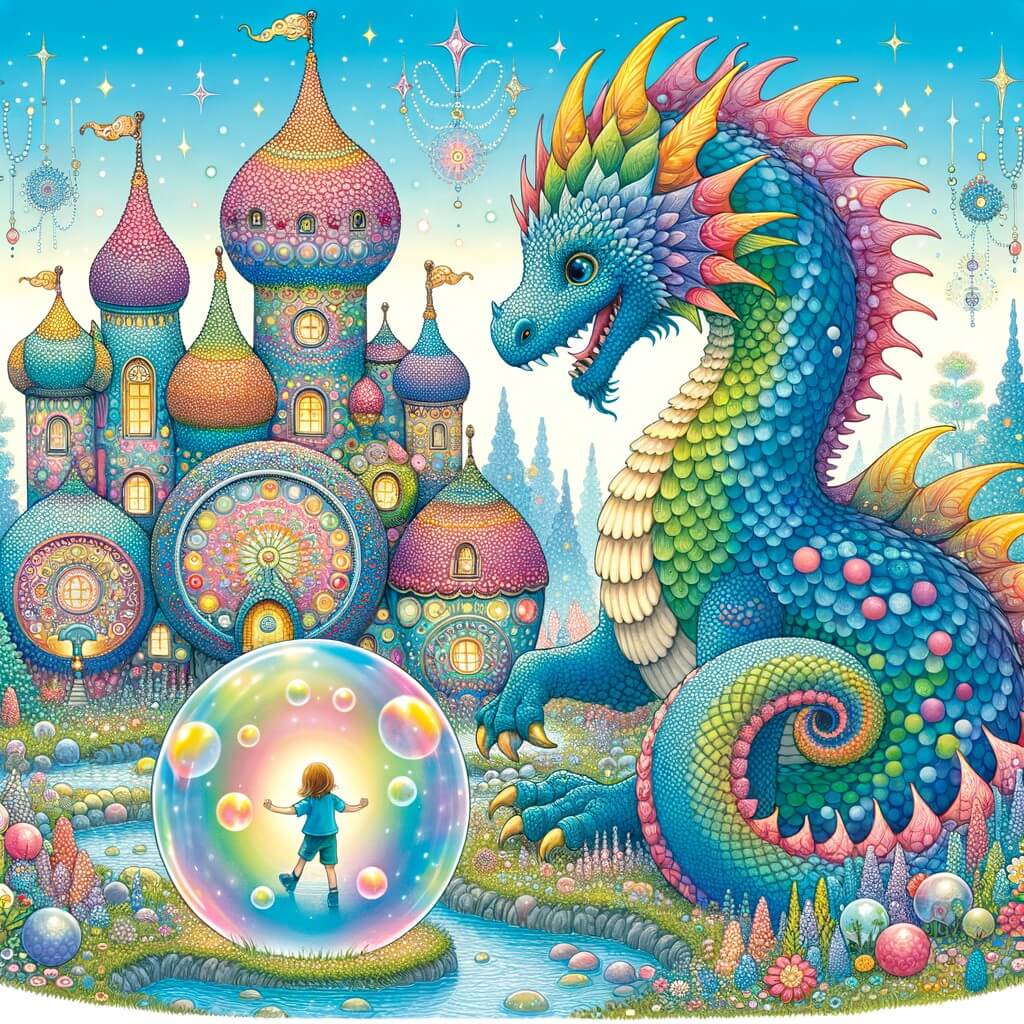 Une illustration pour enfants représentant un dragon solitaire et méchant qui terrorise un univers fantastique rempli de créatures rigolotes, situé au sommet d'une montagne.