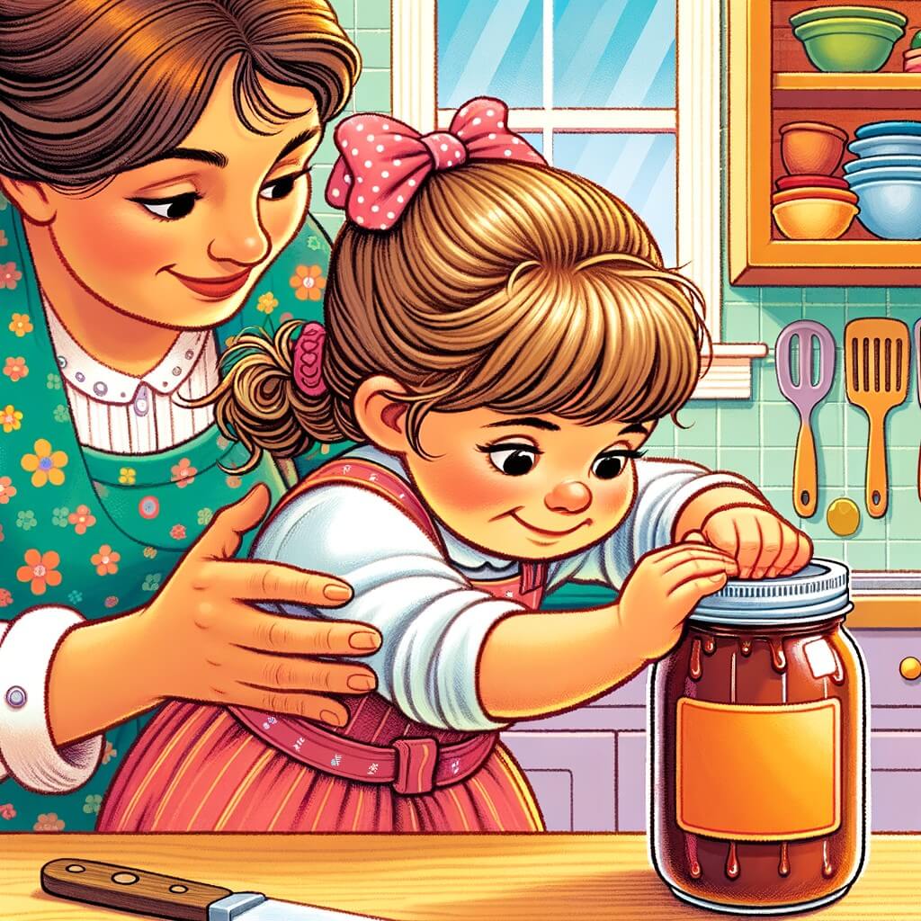 Une illustration destinée aux enfants représentant une petite fille déterminée tentant d'ouvrir un pot de confiture bien trop serré, avec l'aide bienveillante de sa maman, dans une cuisine colorée remplie de placards et d'ustensiles de cuisine.