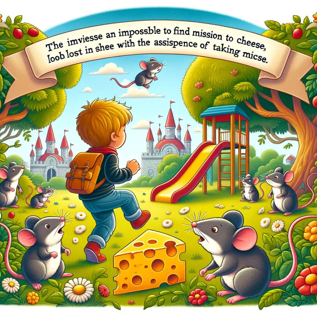 Une illustration pour enfants représentant un petit garçon aventurier qui relève un défi impossible, à la recherche d'un fromage perdu pour une famille de souris, dans un parc d'attractions animé.