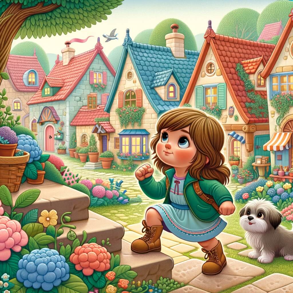 Une illustration destinée aux enfants représentant une petite fille courageuse et déterminée, face à un défi impossible, accompagnée d'un chien curieux, dans un village enchanteur entouré de maisons colorées et de jardins fleuris.