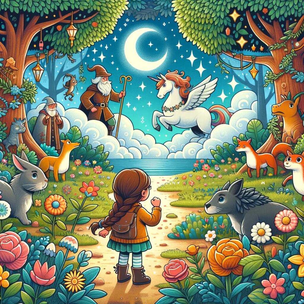 Une illustration destinée aux enfants représentant une petite fille courageuse, affrontant un défi impossible avec l'aide de son ami imaginaire, dans un jardin enchanté rempli de fleurs colorées, d'arbres majestueux et d'animaux curieux.