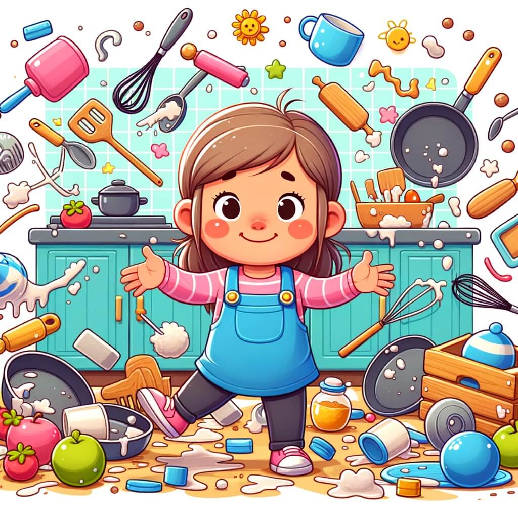 Une illustration destinée aux enfants représentant une petite fille pleine de maladresse, faisant face à un défi impossible avec l'aide de ses amis, dans une cuisine colorée remplie d'ustensiles et d'ingrédients éparpillés partout.