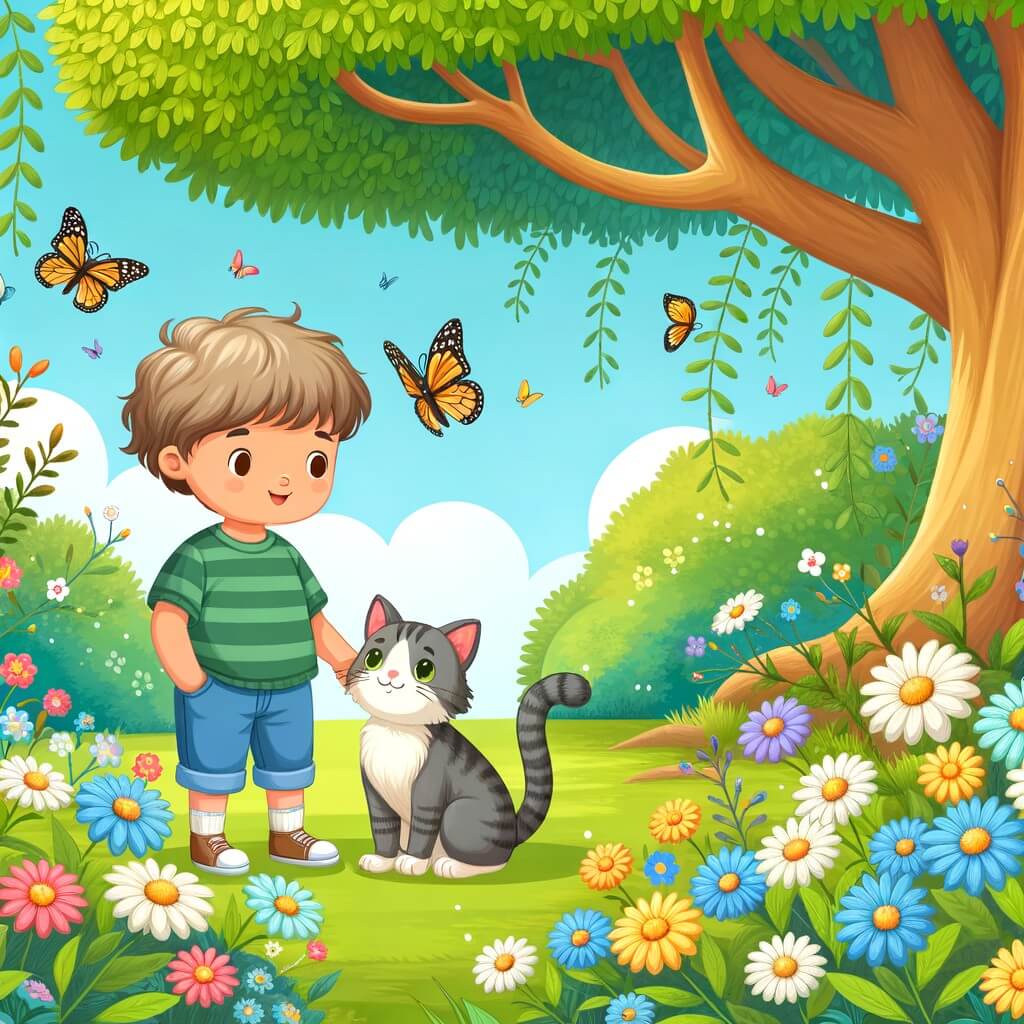 Une illustration destinée aux enfants représentant un petit garçon, debout devant un grand arbre, accompagné d'un chat perdu, dans un parc verdoyant avec des fleurs multicolores et des papillons virevoltant joyeusement dans le ciel.
