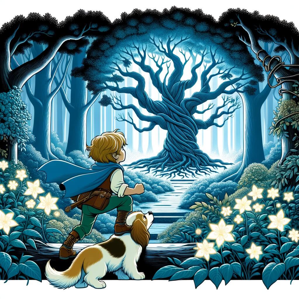 Une illustration destinée aux enfants représentant un petit garçon intrépide, face à un défi impossible, accompagné de son fidèle chien, dans une forêt enchantée aux arbres majestueux et aux fleurs lumineuses.