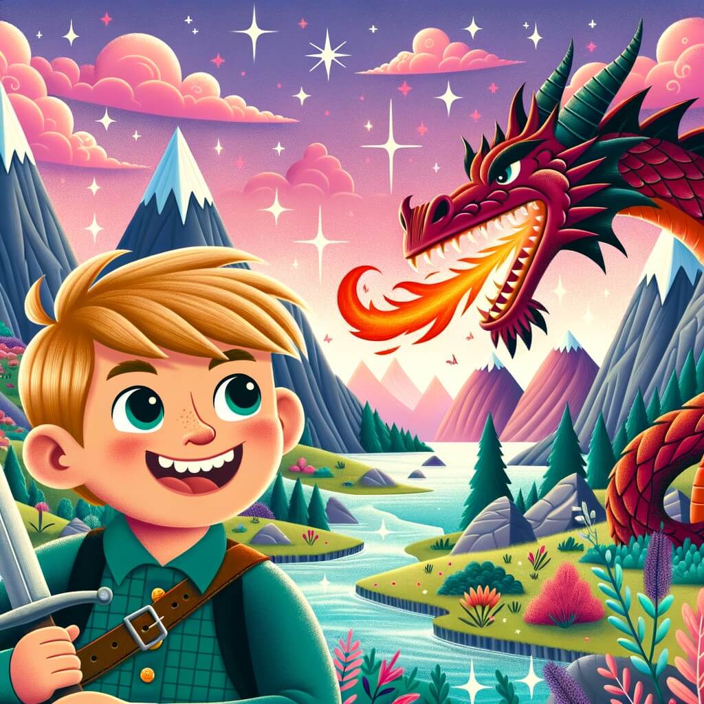 Une illustration destinée aux enfants représentant un petit garçon au sourire malicieux, défiant un dragon cracheur de feu, dans un paysage fantastique rempli de montagnes majestueuses, de rivières scintillantes et de nuages ​​roses et violets.