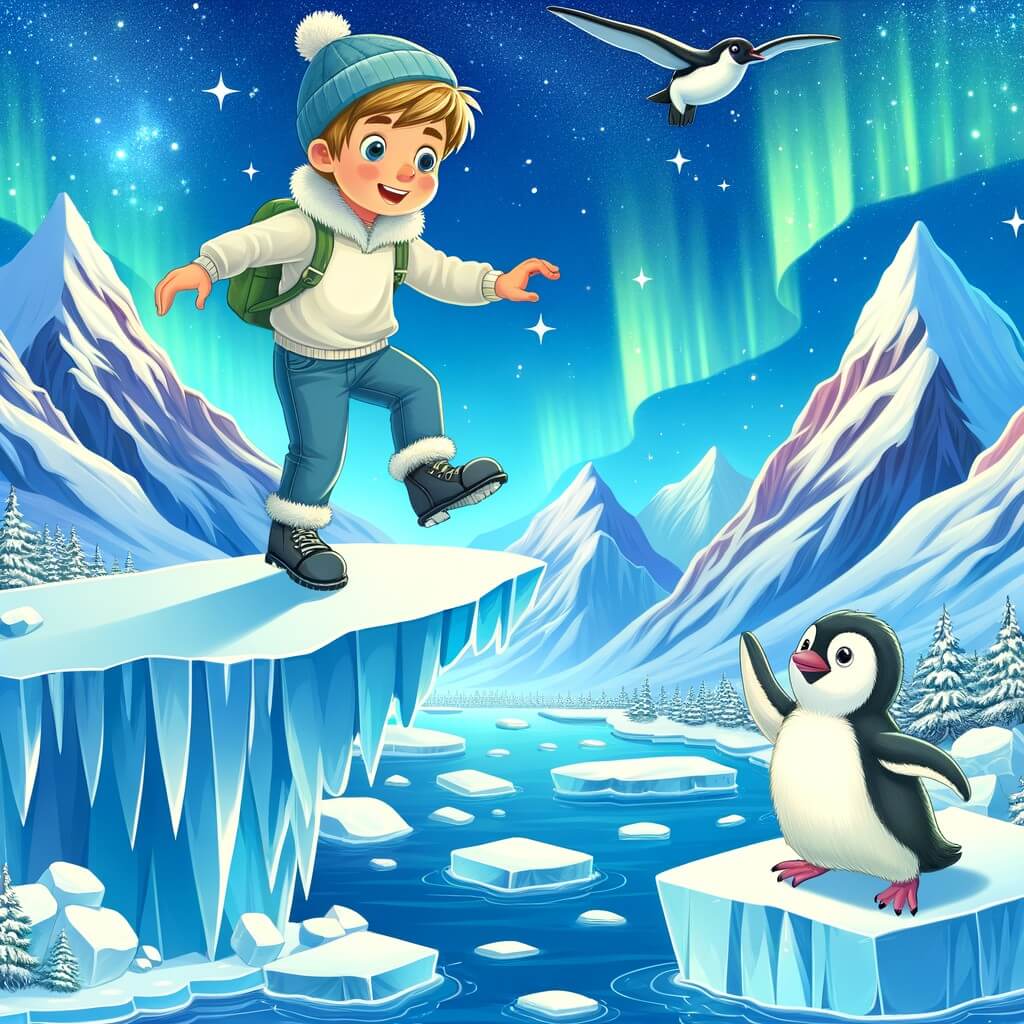 Une illustration pour enfants représentant un petit garçon courageux qui releve des défis impossibles en patinant sur un étang gelé, non loin de la forêt.