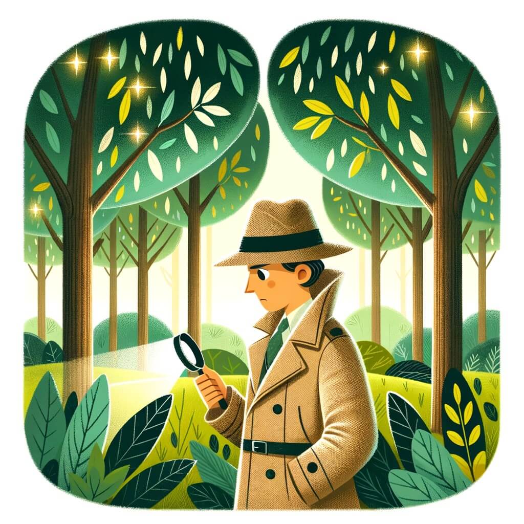 Une illustration destinée aux enfants représentant un détective intrépide, vêtu d'un manteau beige et coiffé d'un chapeau noir, enquêtant sur une mystérieuse disparition dans un parc verdoyant entouré de grands arbres aux feuilles chatoyantes.