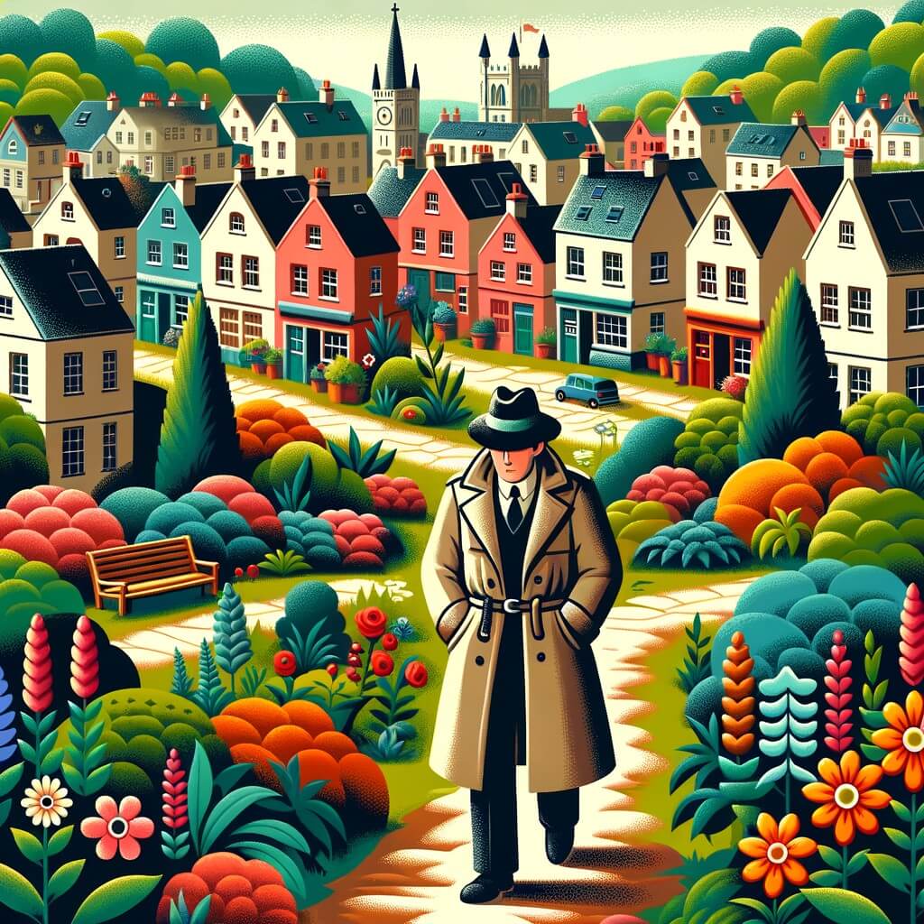 Une illustration pour enfants représentant un homme déterminé à résoudre une disparition mystérieuse dans une petite ville paisible.