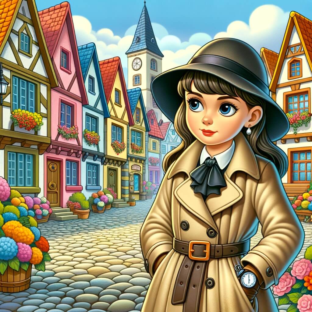 Une illustration pour enfants représentant une femme détective courageuse enquêtant sur la mystérieuse disparition d'une boulangère dans une petite ville paisible.
