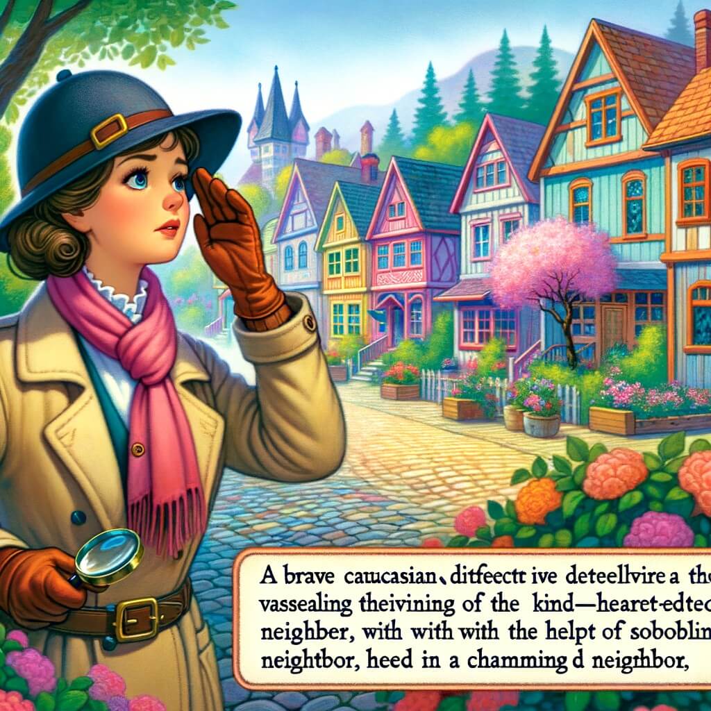 Une illustration pour enfants représentant une femme détective courageuse et déterminée qui résout le mystère de la disparition d'une personne aimable dans une petite ville pleine de secrets.