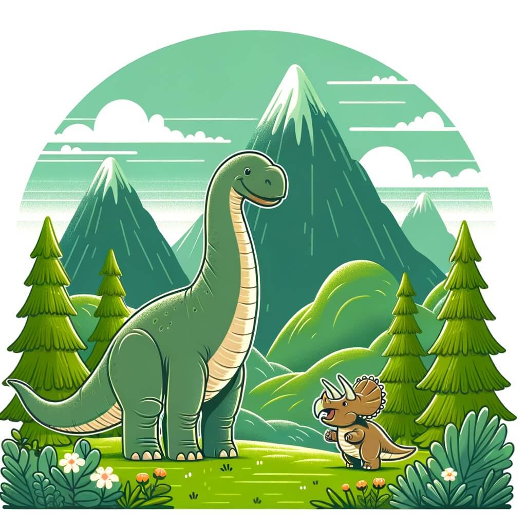 Une illustration destinée aux enfants représentant un majestueux diplodocus, se tenant au bord d'une vallée verdoyante entourée de hautes montagnes, tandis qu'un petit tricératops joue joyeusement à ses côtés.