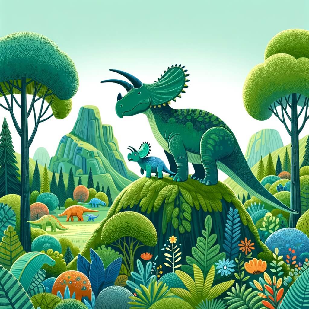 Une illustration destinée aux enfants représentant un magnifique diplodocus, se tenant au sommet d'une montagne verdoyante, accompagné d'un amical tricératops, dans une forêt luxuriante peuplée d'autres dinosaures colorés et d'arbres majestueux.