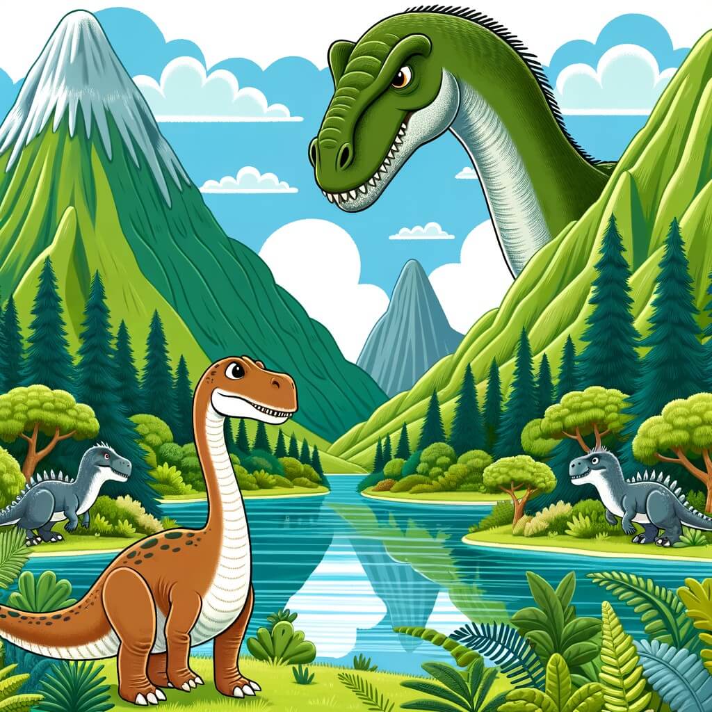 Une illustration destinée aux enfants représentant un majestueux herbivore à long cou, se trouvant face à un redoutable prédateur, dans une vallée luxuriante entourée de montagnes verdoyantes et d'un grand lac scintillant.