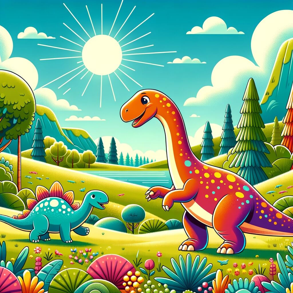 Une illustration destinée aux enfants représentant un majestueux et tendre diplodocus, vivant des aventures palpitantes avec son ami coloré, dans une plaine luxuriante où les dinosaures broutent paisiblement sous un soleil éclatant.