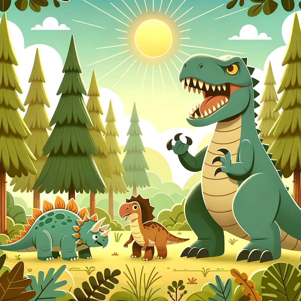 Une illustration pour enfants représentant un gigantesque prédateur à la mâchoire puissante, confronté à un tremblement de terre dans une dense forêt jurassique.