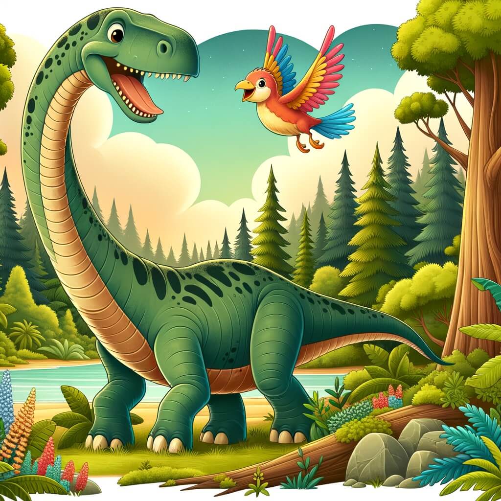 Une illustration destinée aux enfants représentant un majestueux diplodocus, se tenant fièrement au milieu d'une luxuriante forêt préhistorique, tandis qu'un petit oiseau coloré vole joyeusement autour de lui.