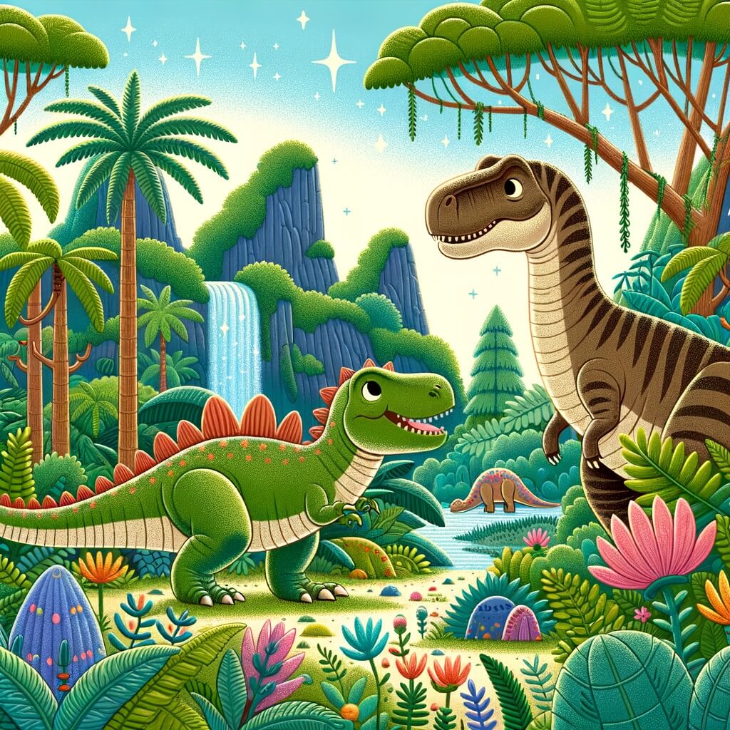 Une illustration destinée aux enfants représentant un jeune Tyrannosaure Rex, différent des autres, cherchant des amis dans une jungle préhistorique luxuriante, accompagné d'un gentil Brachiosaure, au milieu d'arbres immenses, de plantes colorées et d'une cascade scintillante.