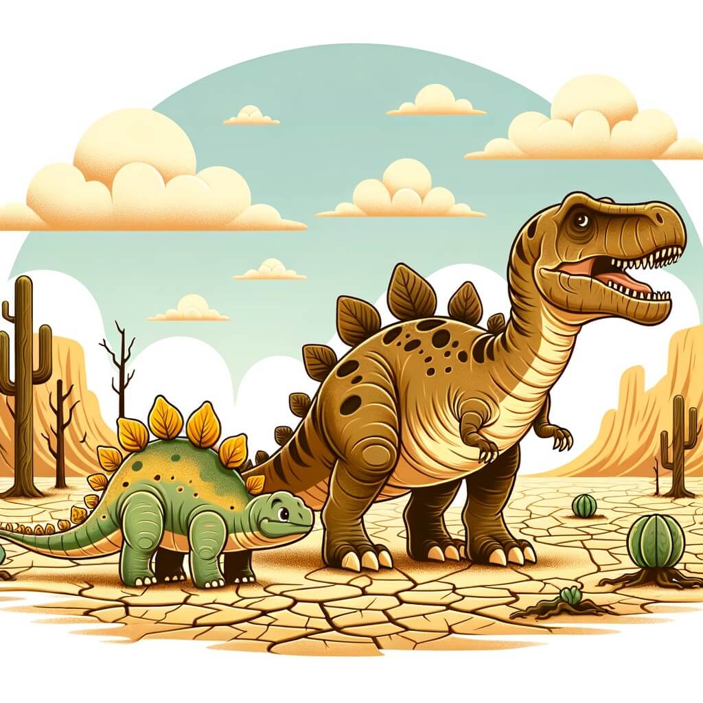 Une illustration destinée aux enfants représentant un stégosaure courageux, confronté à une grande sécheresse, accompagné d'un tyrannosaure rex, dans un paysage aride et désertique où la végétation est desséchée.