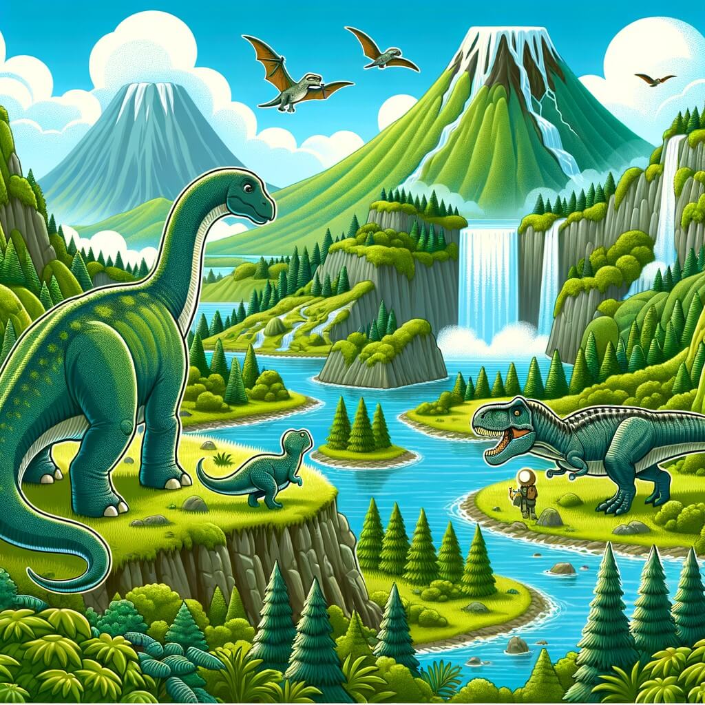 Une illustration destinée aux enfants représentant un majestueux diplodocus se lançant dans une aventure palpitante à la recherche d'un ami disparu, accompagné d'un imposant tyranosaure, dans une vallée luxuriante remplie de cascades scintillantes, de montagnes verdoyantes et de volcans endormis.