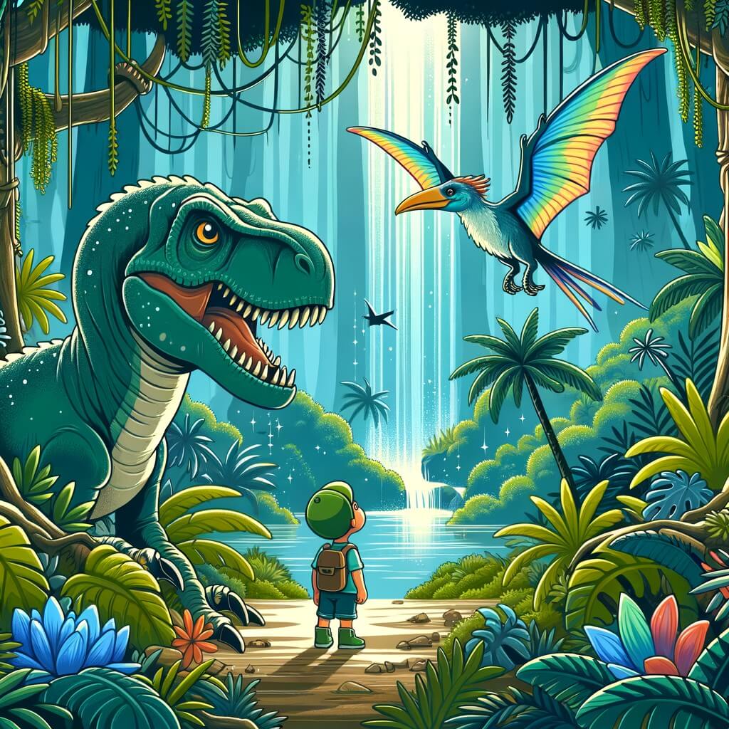 Une illustration pour enfants représentant un imposant dinosaure aux dents acérées et à la peau rugueuse, qui se sent seul et triste dans une jungle dense et mystérieuse.