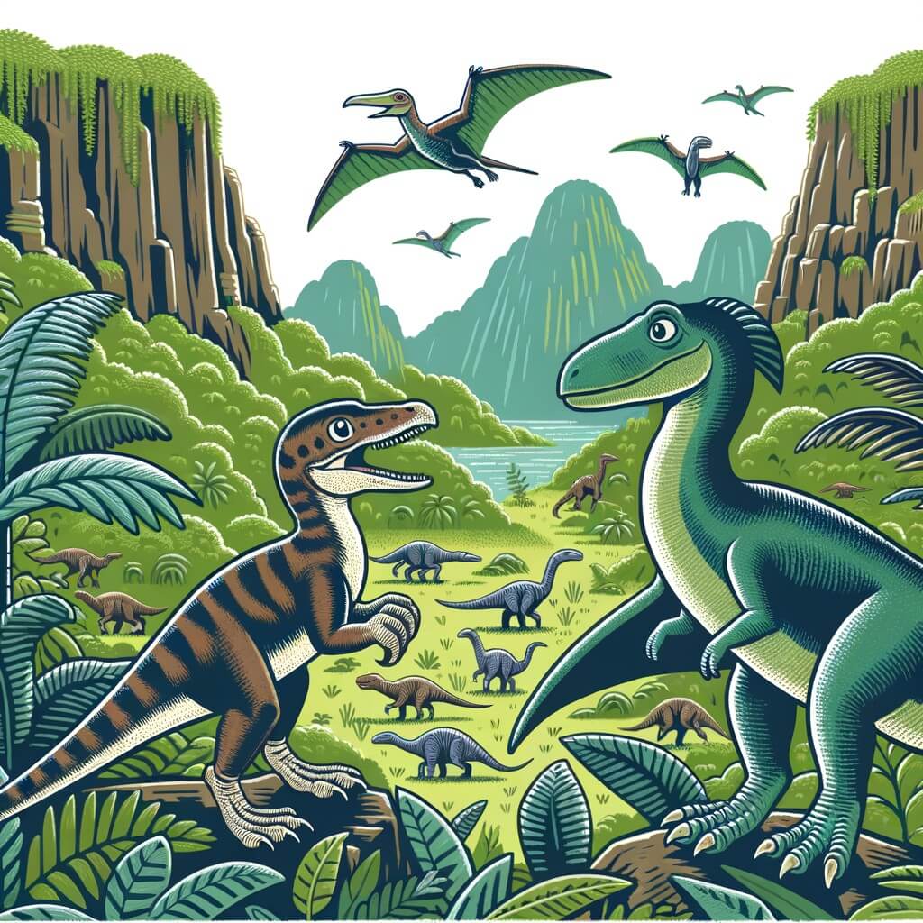 Une illustration destinée aux enfants représentant un vélociraptor curieux et aventurier qui fait la rencontre d'un ptérosaure amical dans une vallée verdoyante et luxuriante peuplée de dinosaures majestueux.