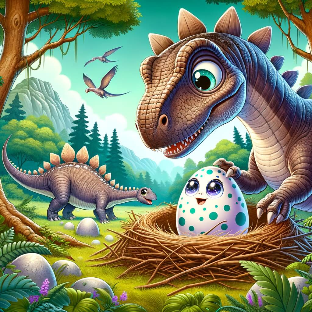 Une illustration destinée aux enfants représentant un stégosaure, majestueux et imposant, découvrant un œuf mystérieux sur un nid abandonné, dans la luxuriante vallée des dinosaures, accompagné d'un adorable bébé diplodocus aux grands yeux étincelants.