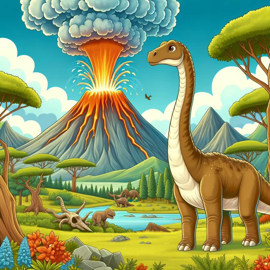 Une illustration pour enfants représentant une majestueuse créature à long cou se tenant courageusement face à un volcan en éruption, dans un paysage préhistorique.