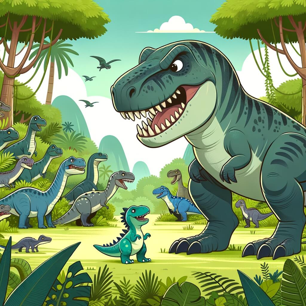 Une illustration destinée aux enfants représentant un imposant prédateur aux mâchoires acérées, se trouvant au milieu d'une forêt luxuriante peuplée de dinosaures de toutes sortes, où il fait la rencontre d'un petit dinosaure en détresse.