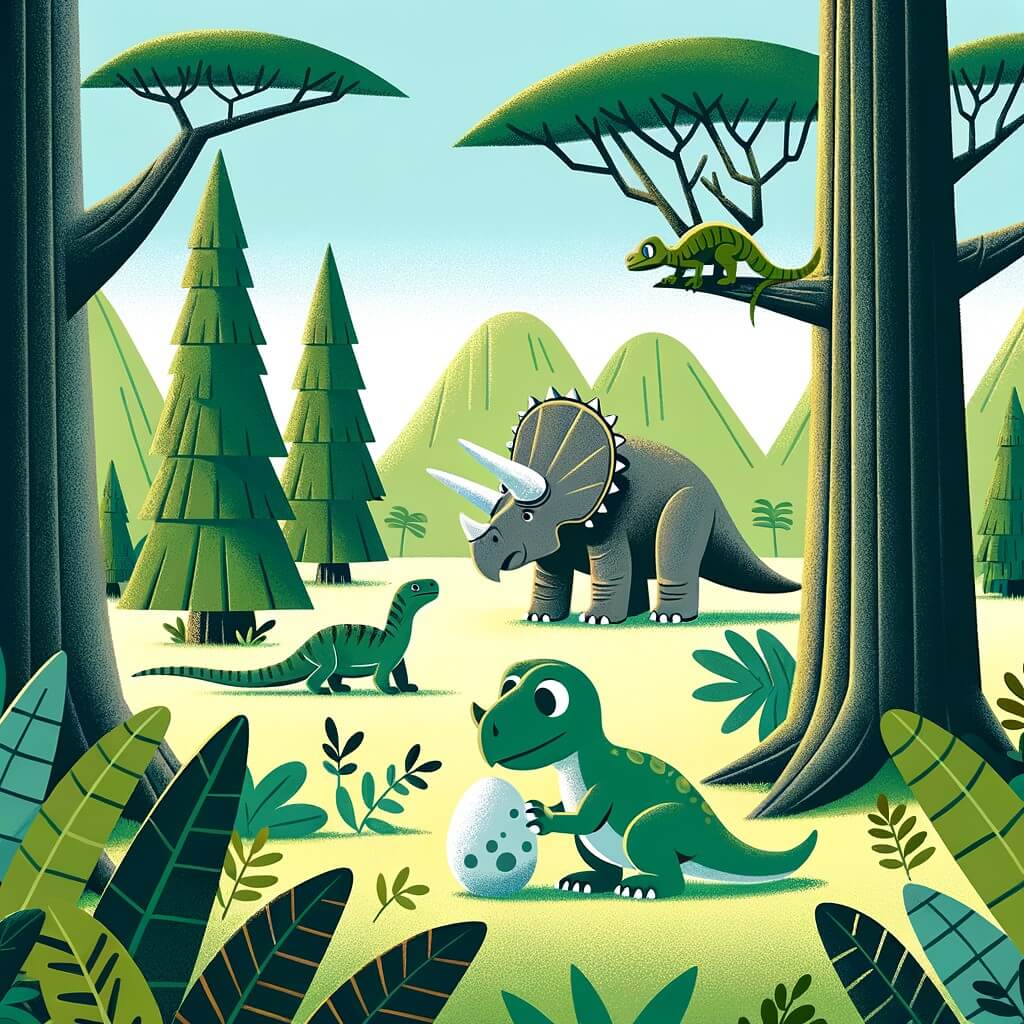 Une illustration destinée aux enfants représentant un tricératops curieux et courageux, découvrant un œuf géant mystérieux dans une clairière bordée d'arbres gigantesques, avec un lézard gecko comme personnage secondaire, dans les plaines verdoyantes de l'époque des dinosaures.