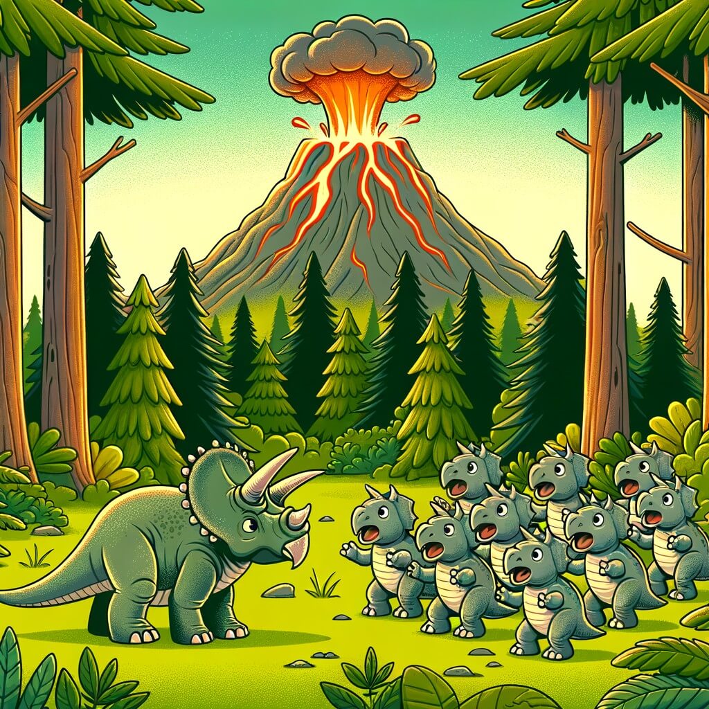 Une illustration destinée aux enfants représentant un tricératops solitaire, se trouvant au milieu d'une forêt dense et luxuriante, découvrant un groupe de joyeux tricératops qui jouent ensemble près d'un grand volcan en éruption.