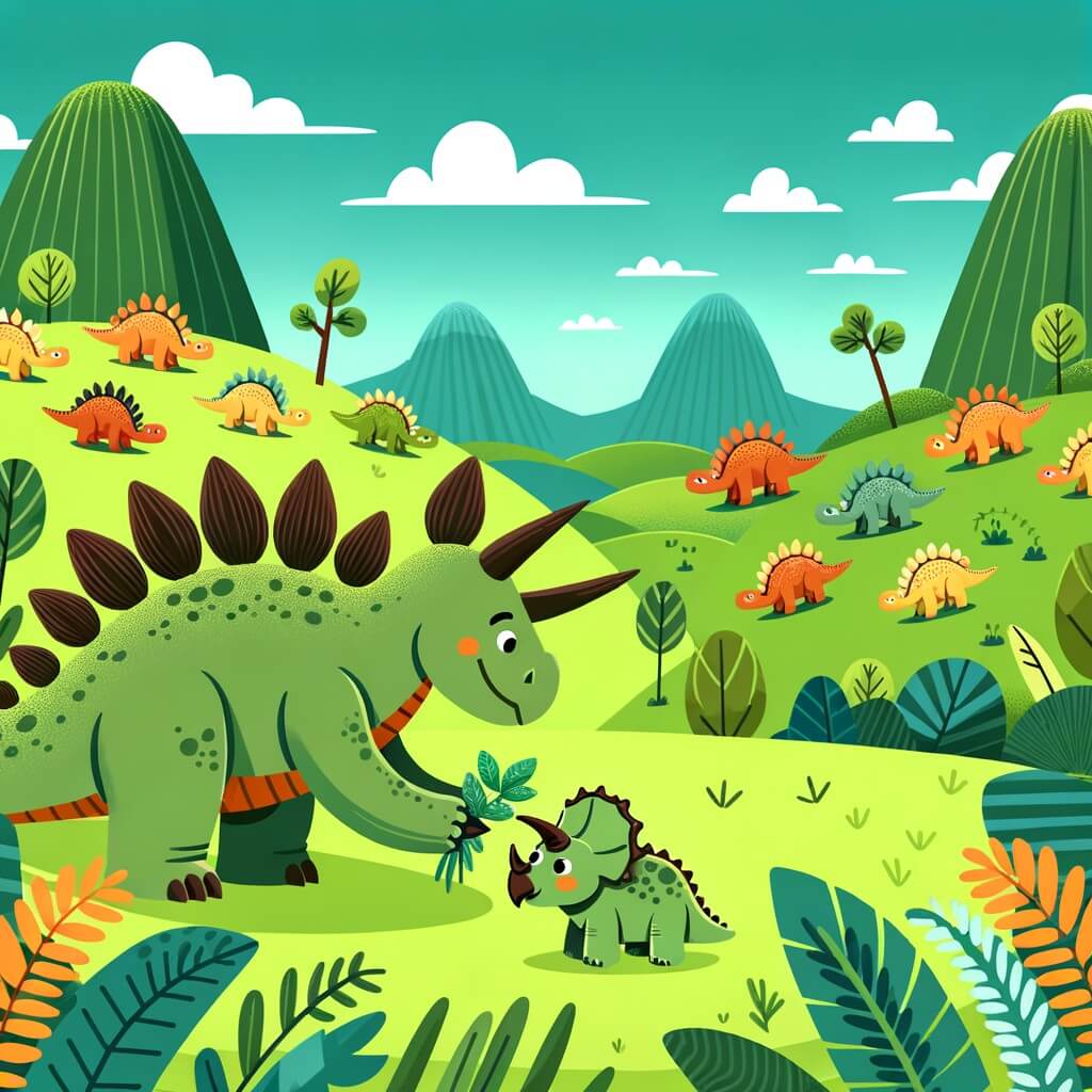 Une illustration destinée aux enfants représentant un stégosaure courageux et différent des autres dinosaures, qui aide un bébé tricératops égaré, dans la vallée verdoyante et luxuriante où vivent de nombreux dinosaures joyeux et colorés.