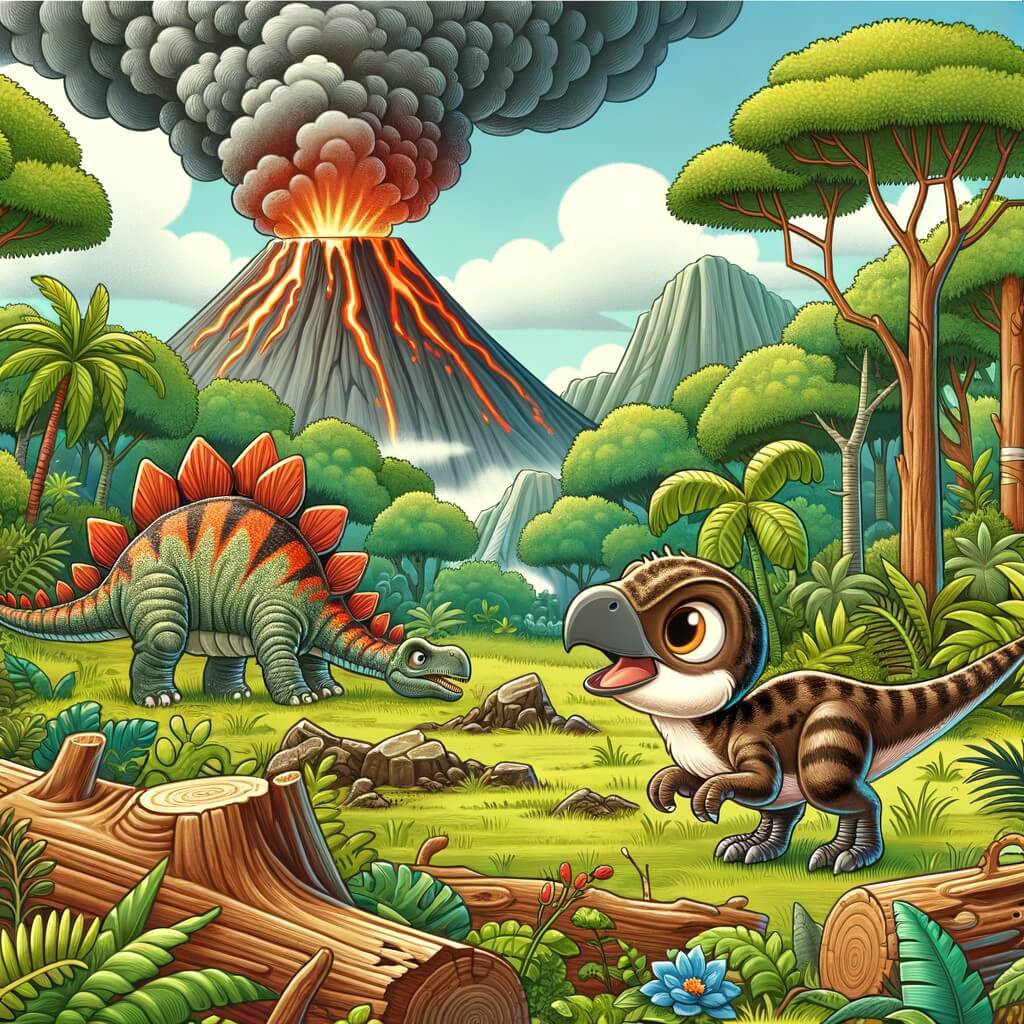 Une illustration destinée aux enfants représentant un jeune vélociraptor courageux qui rencontre un stégosaure piégé dans une clairière au cœur d'une jungle luxuriante, avec un volcan en éruption en arrière-plan.