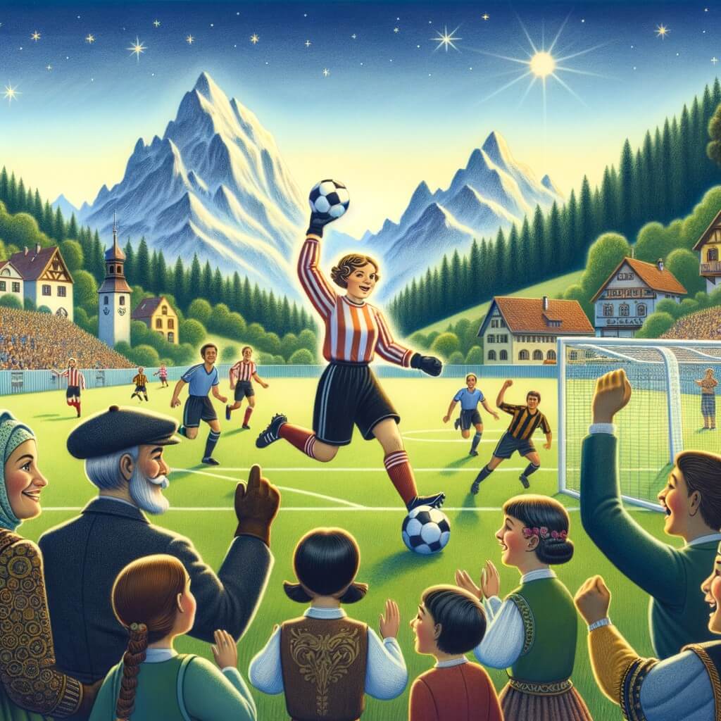 Une illustration pour enfants représentant une jeune femme passionnée de football qui rêve de devenir joueuse professionnelle, dans un stade rempli de supporters en délire.
