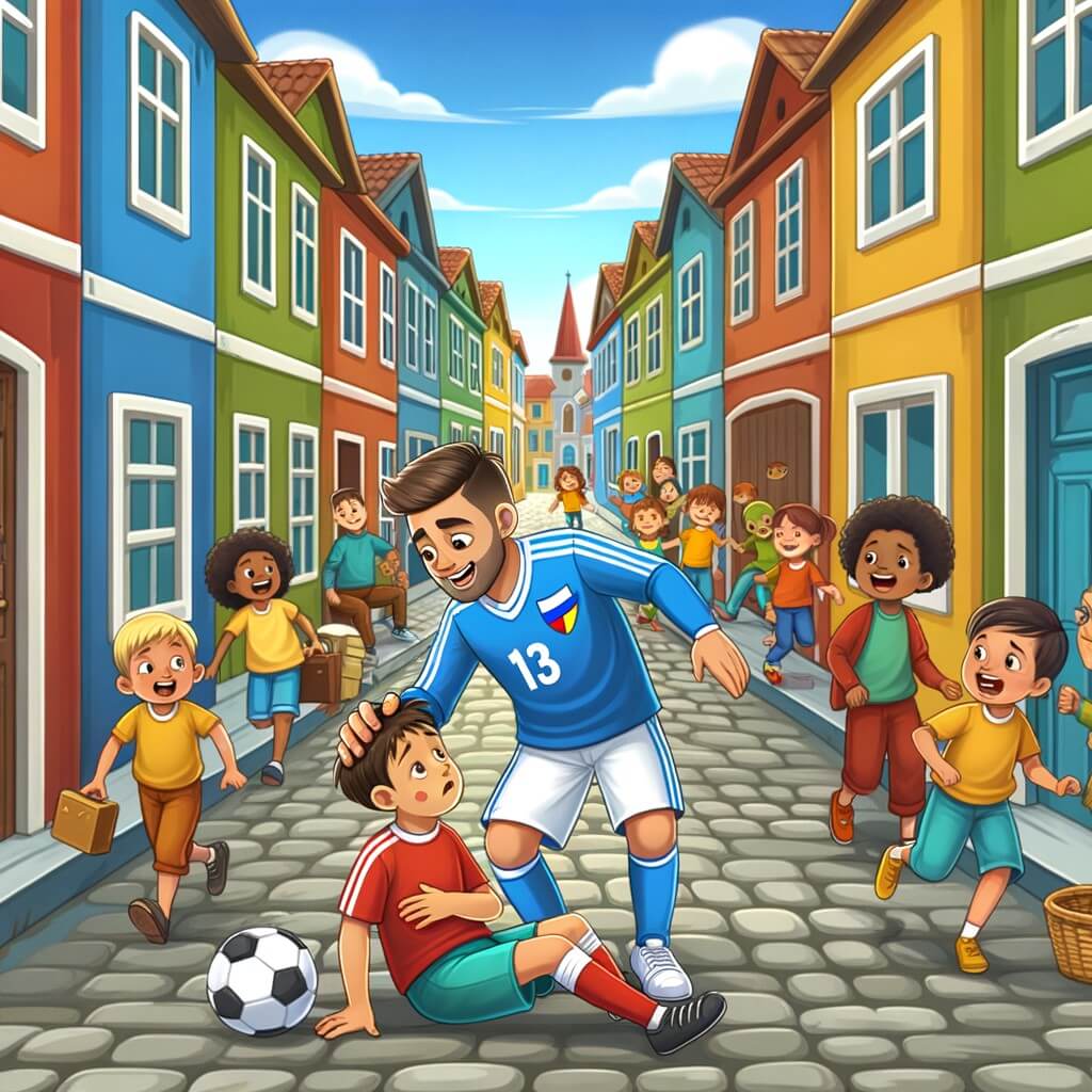 Une illustration destinée aux enfants représentant un joueur de football passionné, qui rencontre un enfant blessé, dans une petite rue pavée bordée de maisons colorées, avec des enfants qui jouent joyeusement autour d'eux.
