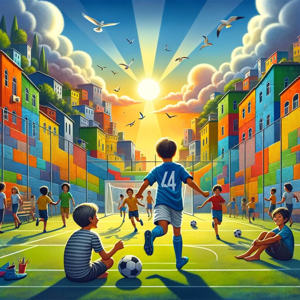 Une illustration destinée aux enfants représentant un jeune homme passionné de football, rêvant de devenir joueur professionnel, accompagné de son petit frère, dans une cour d'école animée où des enfants jouent au football sous un ciel ensoleillé et entourés de murs colorés.
