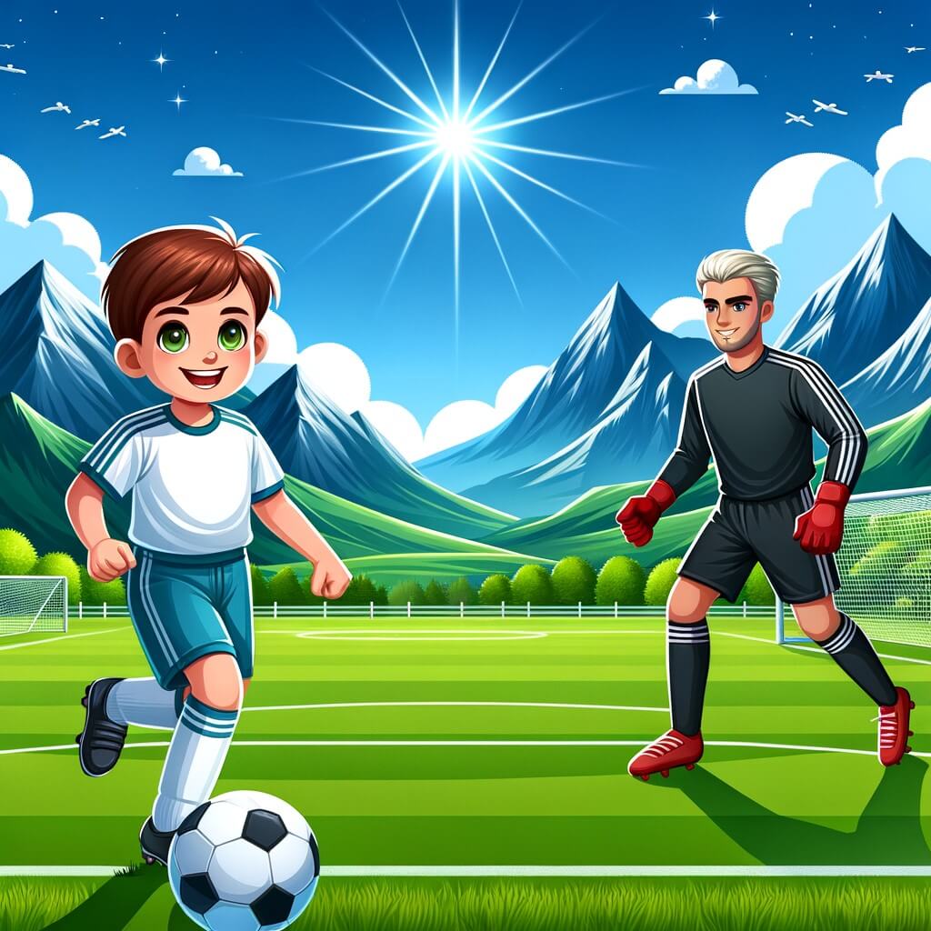 Une illustration destinée aux enfants représentant un jeune garçon passionné de football, accompagné d'un joueur professionnel, dans un terrain de football verdoyant entouré de montagnes majestueuses et sous un ciel bleu éclatant.