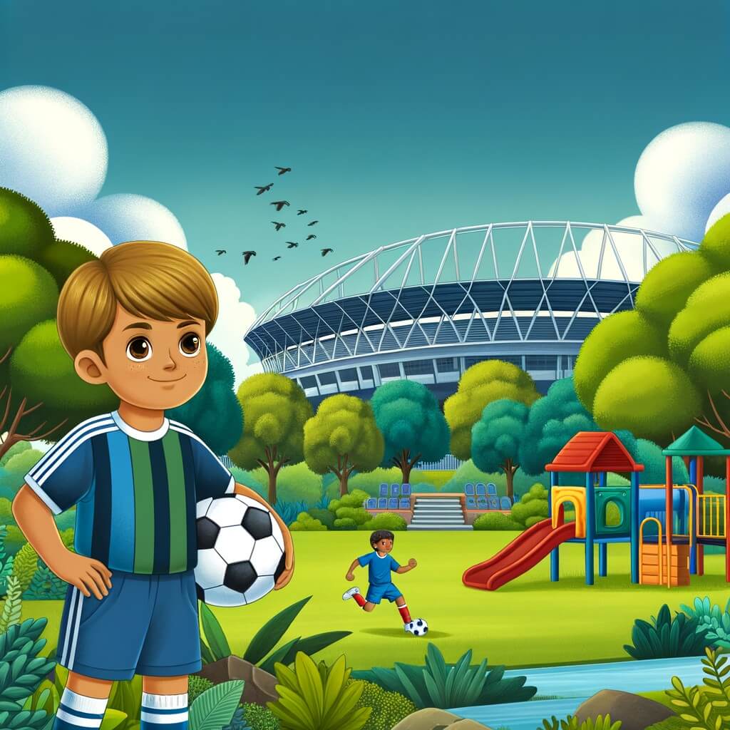 Une illustration destinée aux enfants représentant un jeune garçon passionné de football, accompagné d'un joueur professionnel, dans un parc verdoyant avec un grand terrain de jeu et un stade majestueux en arrière-plan.