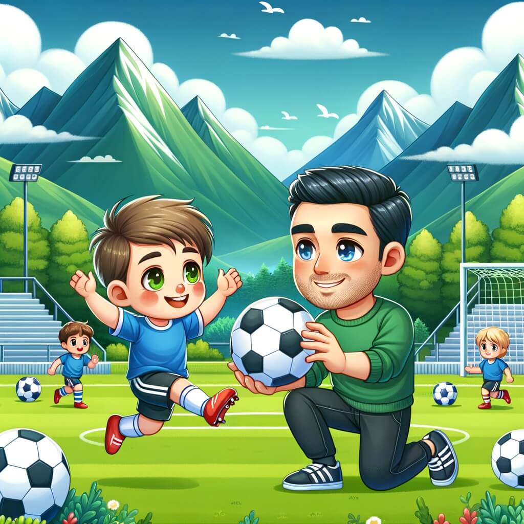 Une illustration destinée aux enfants représentant un jeune homme passionné de football, s'entraînant assidûment avec un coach bienveillant dans un stade verdoyant entouré de montagnes majestueuses.