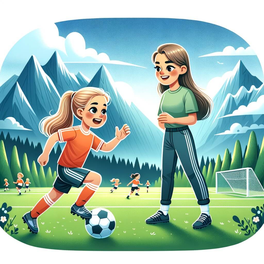 Une illustration pour enfants représentant une jeune footballeuse passionnée qui rencontre une joueuse professionnelle et réalise son rêve en remportant un grand tournoi dans son équipe locale. Tout cela se déroule dans un stade de football.