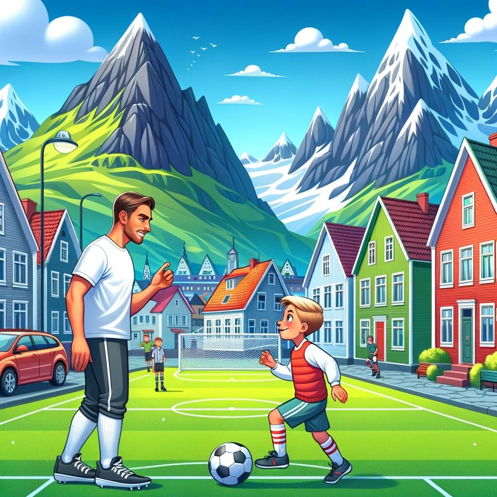 Une illustration pour enfants représentant un jeune garçon passionné de football, rêvant de devenir joueur professionnel, qui rencontre un joueur célèbre dans un grand stade.