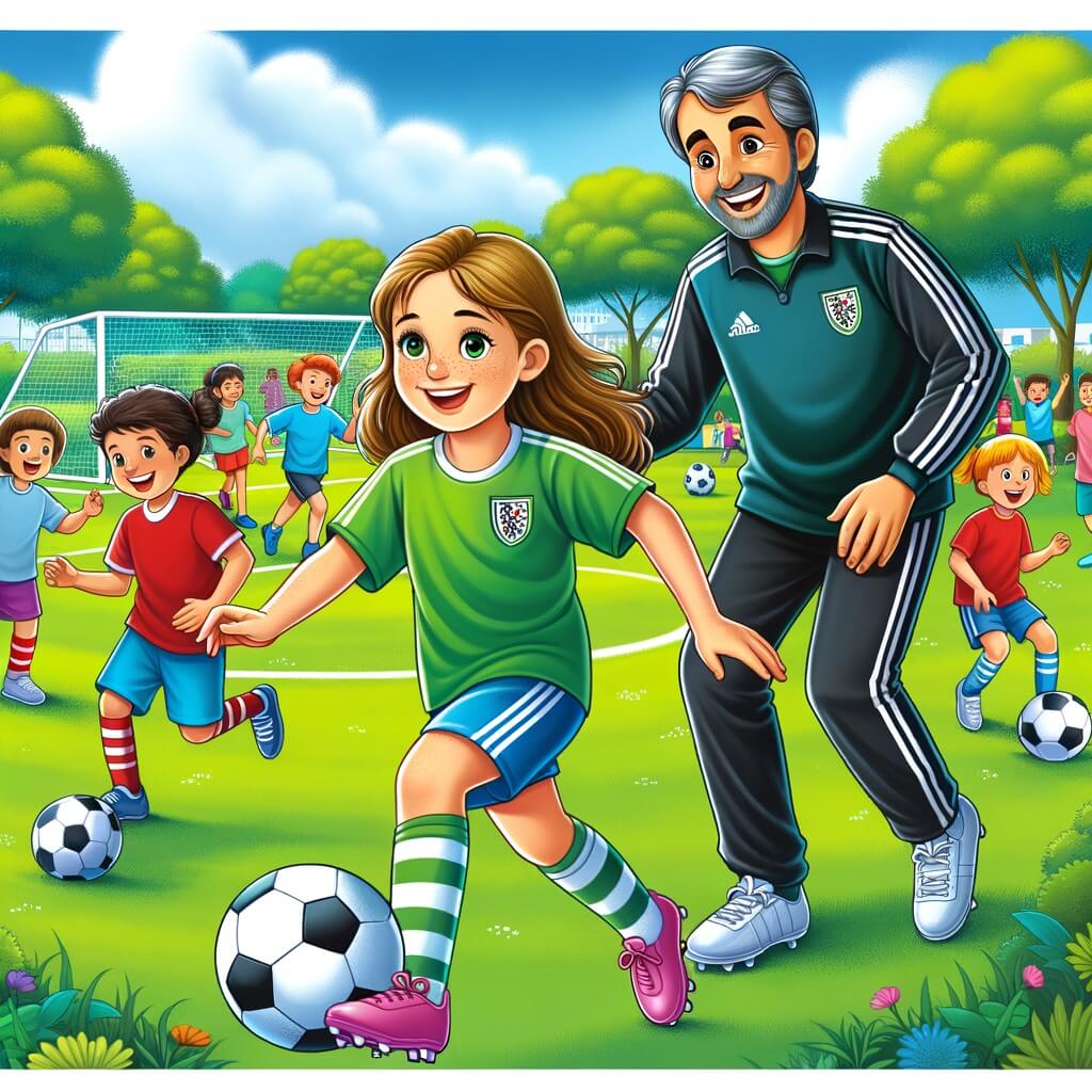 Une illustration destinée aux enfants représentant une jeune femme passionnée de football, évoluant dans un club dirigé par une ancienne joueuse professionnelle, dans un parc verdoyant avec un terrain de jeu coloré et des enfants joyeux qui s'entraînent avec enthousiasme.