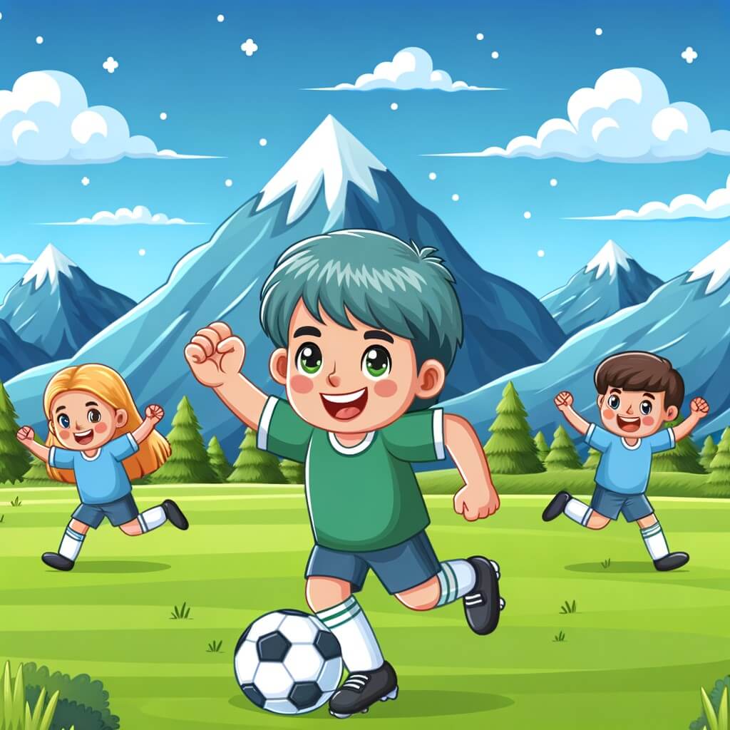 Une illustration destinée aux enfants représentant une joueuse de football passionnée qui surmonte les défis et les obstacles avec l'aide de ses amis, dans un terrain verdoyant entouré de montagnes majestueuses et sous un ciel bleu éclatant.