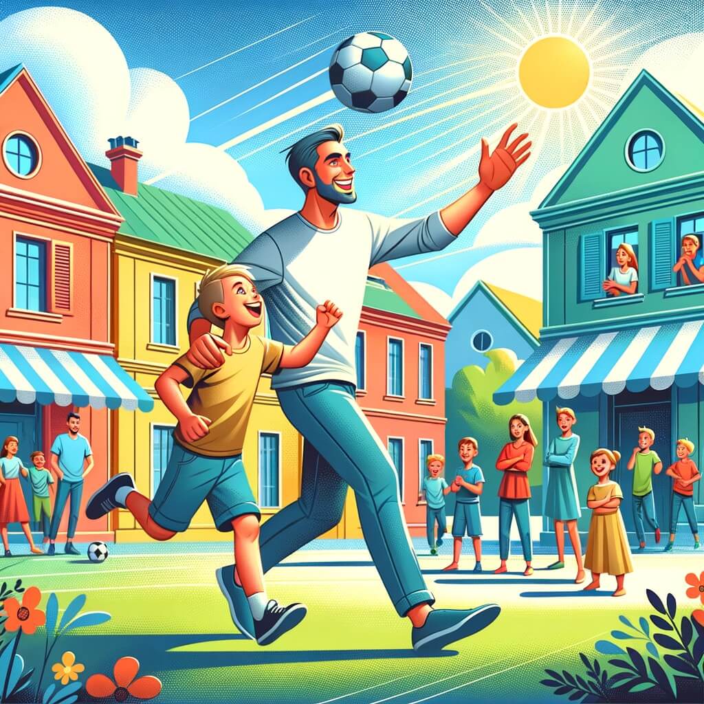 Une illustration destinée aux enfants représentant un homme passionné de football, jouant avec un petit garçon dans une rue ensoleillée, entourés de maisons colorées aux volets ouverts et de nombreux enfants qui les regardent avec admiration, tandis qu'un ballon de football vole joyeusement dans les airs.