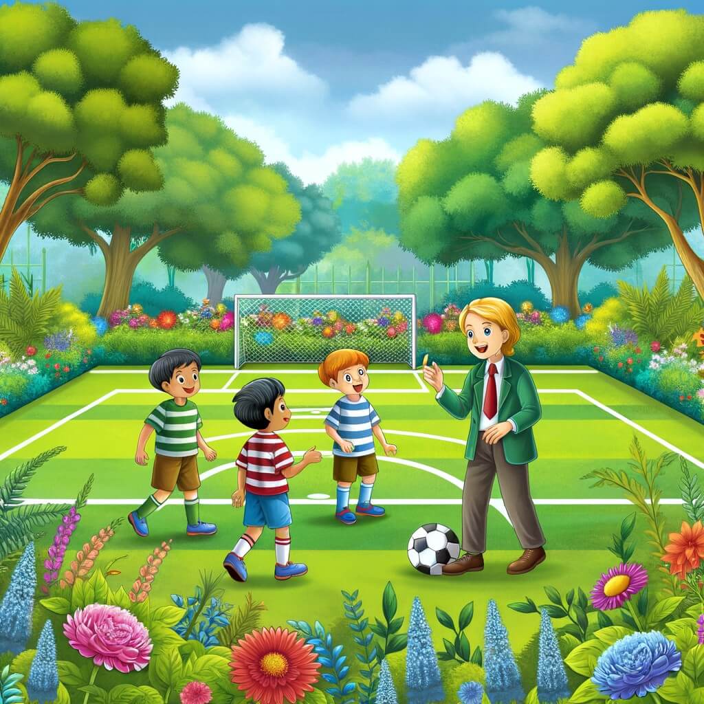 Une illustration destinée aux enfants représentant une joueuse de football passionnée, qui partage son savoir avec des enfants curieux, dans un jardin verdoyant avec un terrain de football bien entretenu, entouré de fleurs colorées et d'arbres majestueux.